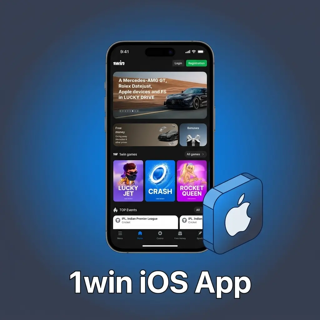 1win iOS app interface on iPhone and iPad showing sports betting and casino games features