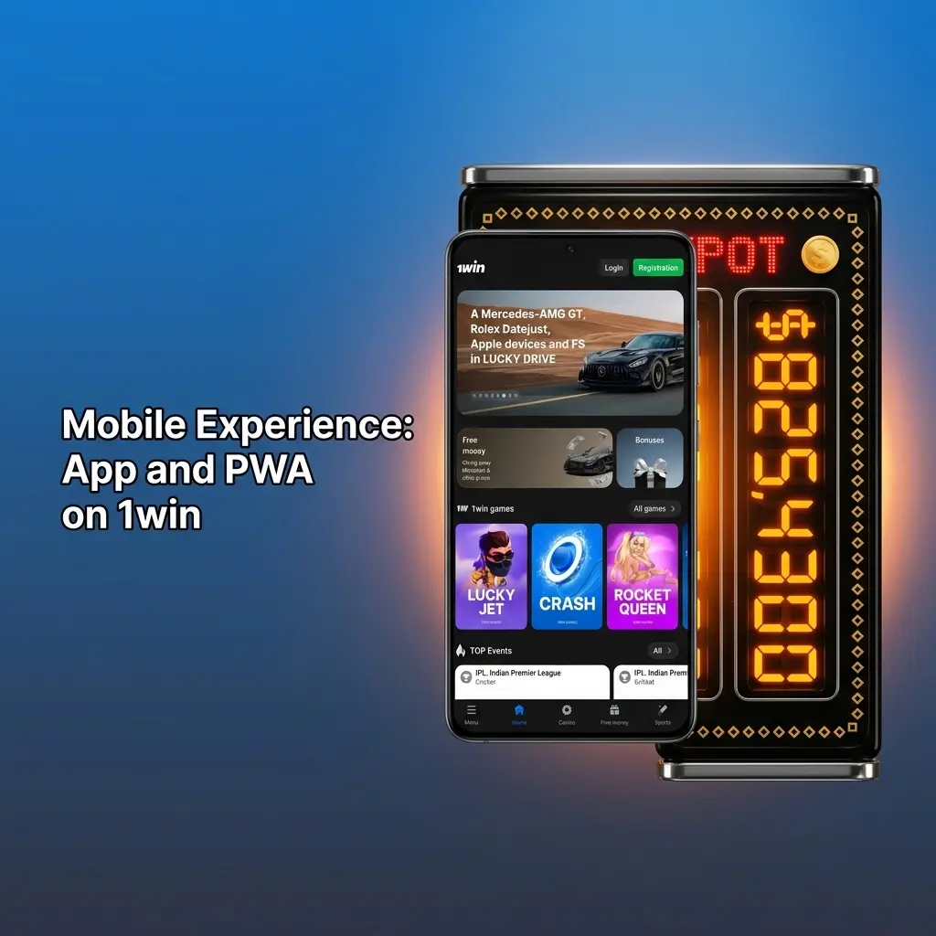 1win mobile app and PWA interface showing casino, sports betting, and deposit features on Android and iOS devices